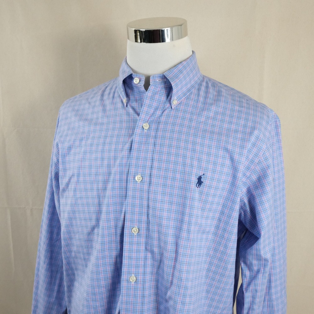Polo Ralph Lauren 16 34/35 Classic Fit Dress Shirt Blue Pink Plaid 100% Cotton